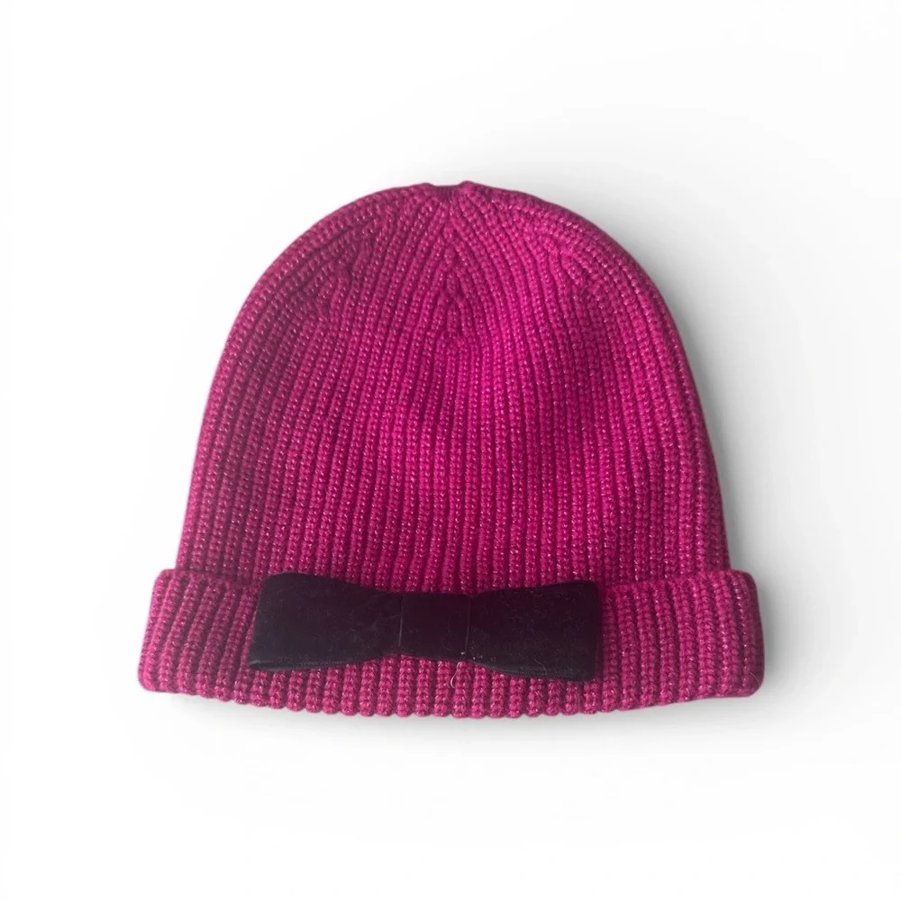 Kate Spade New York Pink Knit Beanie Velvet Bow Cuffed Winter Hat One Size